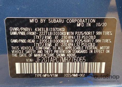 2021 Subaru Crosstrek Premium из США, поврежденный, VIN JF2GTAPC7MH276065